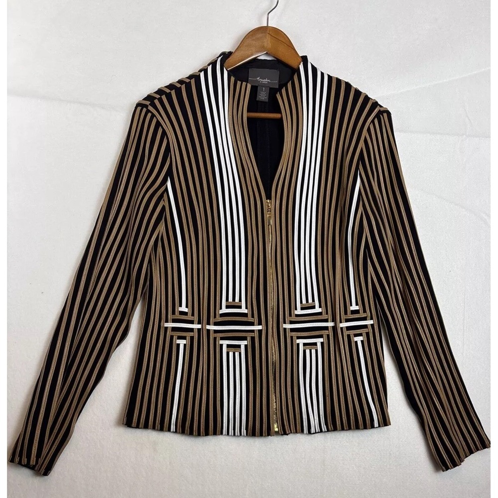 Travelers By Chico's Full Zip Jacket Faux Leather Stripes Black Tan Women Size 1